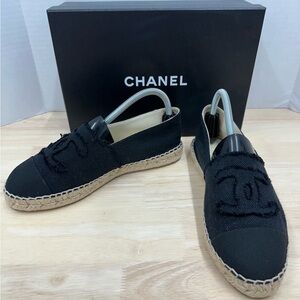 CHANEL CC Black Canvas Tweed Espadrilles Flats Slip On Shoes Women’s 40 US 10